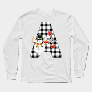 BW Buffalo Checks Pattern Monogram A | Snowman Long Sleeve T-Shirt